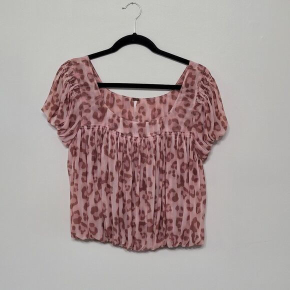 Free People Leopard Print Blouse Small Blush Pink Puff Sleeve Boho Top - Picture 1 of 5